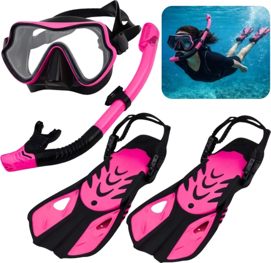 Snorgeldamiskomplekt maski, snorkli ja lestadega must-roosa S/M (EU 37–41)