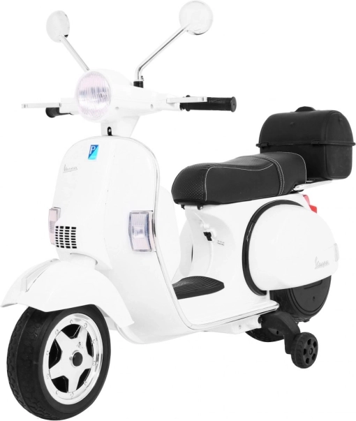 Laste elektriline tõukeratas Vespa valge abirataste, heli ja ökonahaga