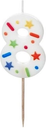 Birthday number candle 8, white with confetti, 5.5 cm