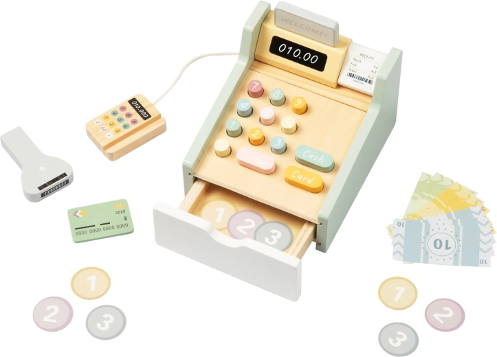 Wooden kids' cash register Tooky Toy with terminal and scanner