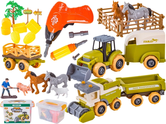 Kokkupandav mini talu – traktor ja kombain kruvikeerajaga ning loomakestega