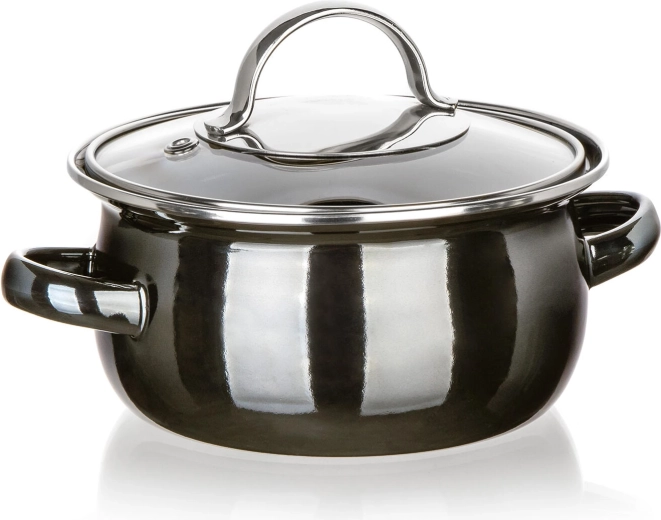 Enamel pot with glass lid 14 cm, 0.7 l, Metallic Black