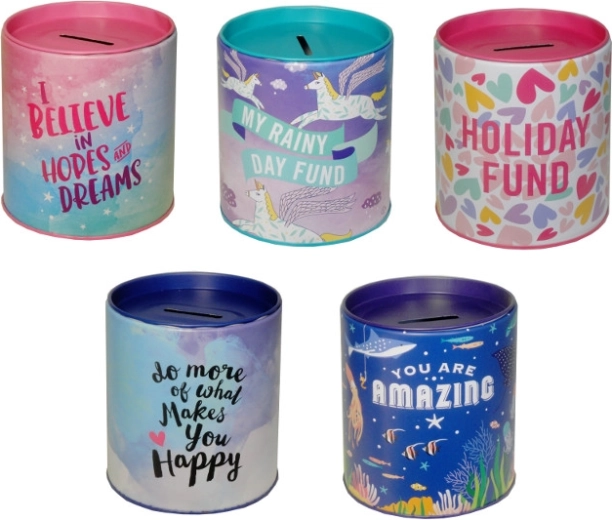 Metal money box with slogans for children