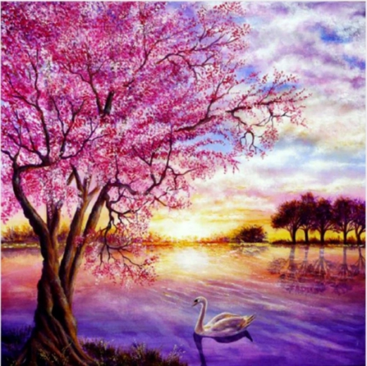 Teemandimaal (diamond painting) mosaiik – päikeseloojang järve kohal 30 × 30 cm