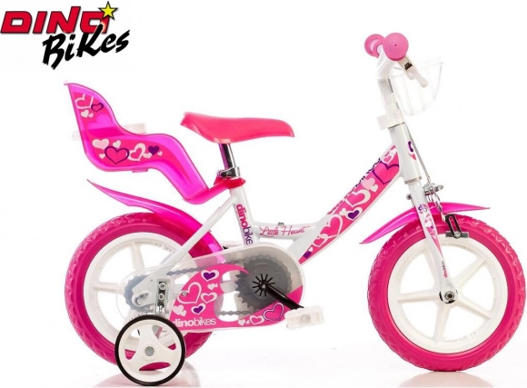 Dino Bikes Little Heart laste jalgratas 12" valge-roosa tugiratastega
