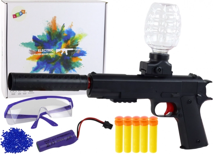 Electric blaster for water gel beads and foam darts with safety goggles, black