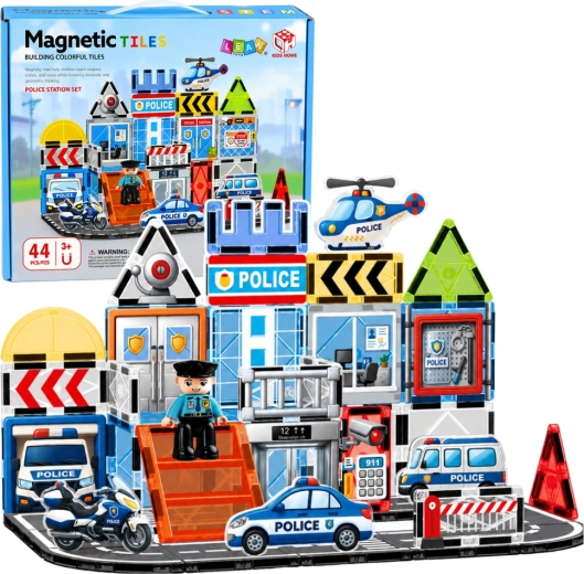 Magnetic building set: police station with vehicles (44 pieces)