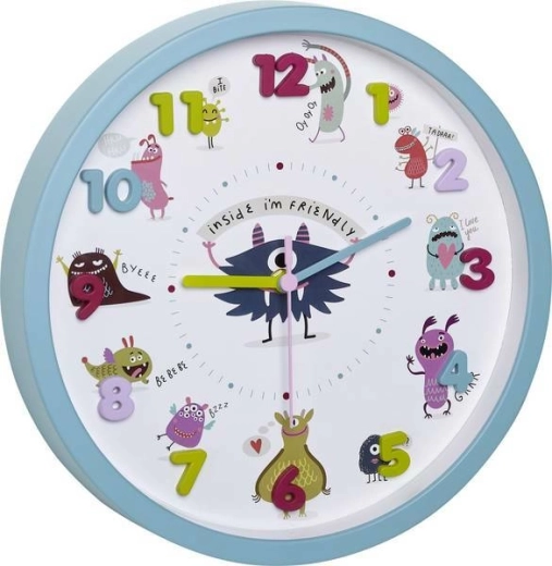 Children's Wall Clock TFA Little Monsters, Turquoise, 3D Numbers