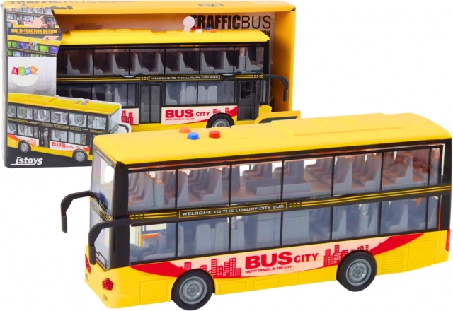 Kahekorruseline buss 1:16 tulede, helide ja inertsmehhanismiga – kollane
