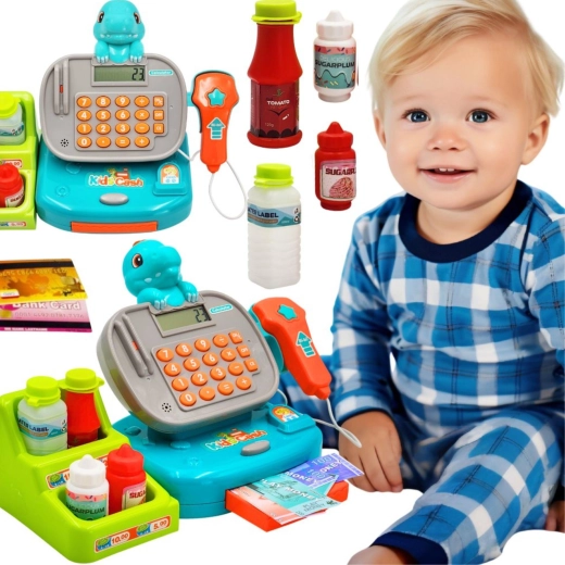 Woopie kids’ cash register with shelf Dino – blue