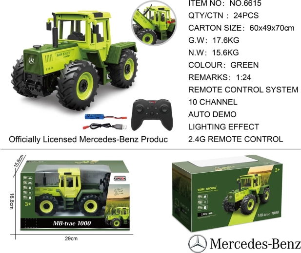 Kaugjuhtimisega roheline Mercedes-Benzi traktor mõõtkavas 1:24