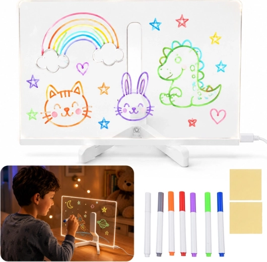 Backlit LED acrylic board for drawing and writing with 7 markers and a stand