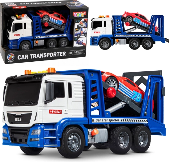 Mänguauto autotransporter (puksiir) sportautoga, tuled ja helid, sinivalge – 1 tk