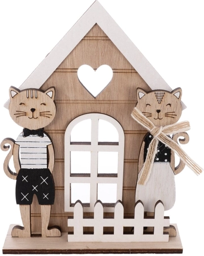 Beige wooden house with cat motif