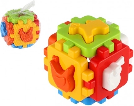 Plastic shape-sorting cube 10 × 10 cm in net packaging