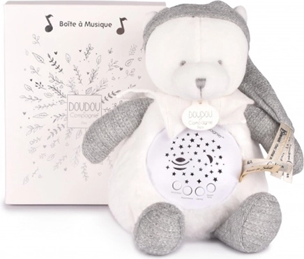 Doudou et Compagnie muusikaline öölamp täheprojektsiooniga, hall kaisukaru – kinkekomplekt