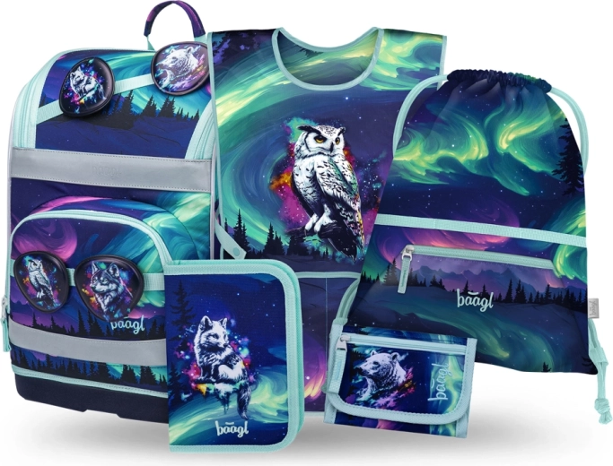 School Set BAAGL Zippy Plus Aurora – backpack, pencil case, drawstring bag and neck wallet made from recycled materials
