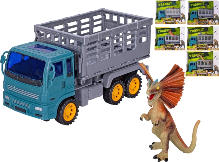 Hõõrdemehhanismiga veoauto dinosauruse figuuriga