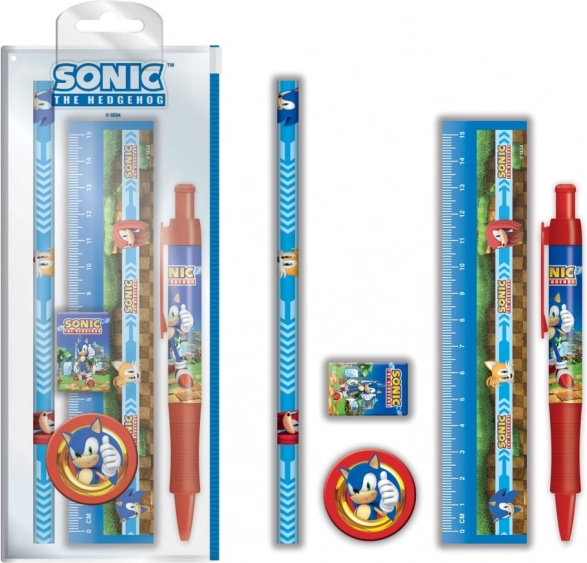 SONICu koolikomplekt – joonlaud, pastapliiats, kustukumm, pliiats ja teritaja