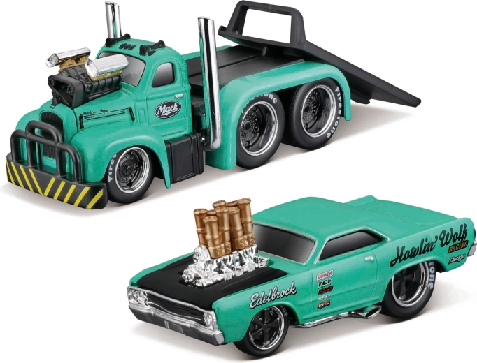 Maisto Muscle transports Mack B-61 madelplatvormiga koos Dodge Dart HEMI gasseriga 1:64