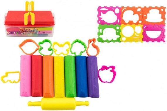 Värviliste plastiliinidega komplekt vormide ja taignarulliga plastkarbis