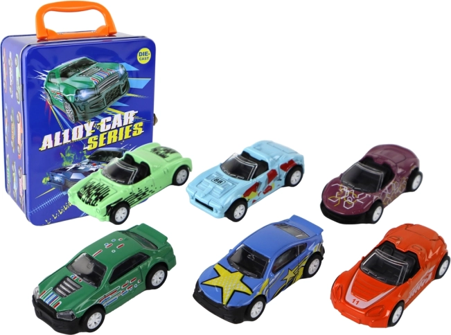 Metallist väikeautode komplekt hõõrdejõu vedu plekk-kohvris 1:64, 6 tk