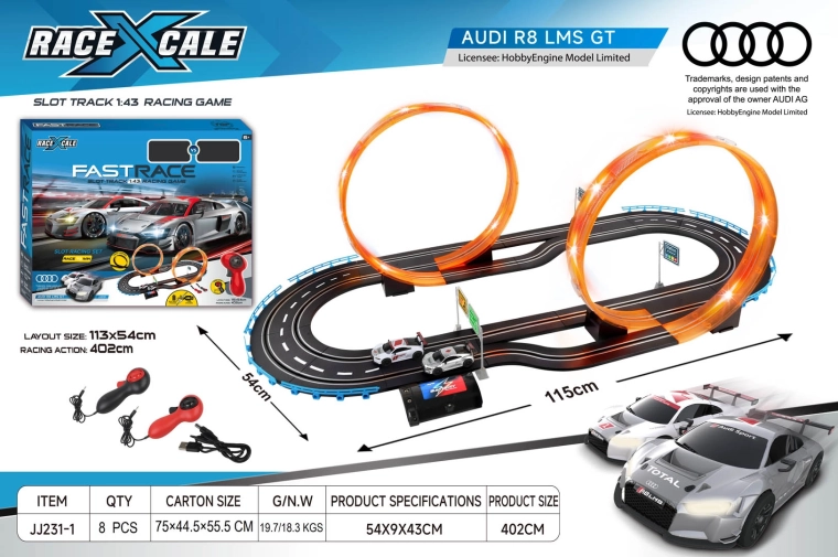 Kaugjuhtimisega võidusõiduraja komplekt Audi R8 1:43, 115 × 54 cm