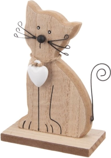 Wooden decoration cat with heart, brown, 10 cm