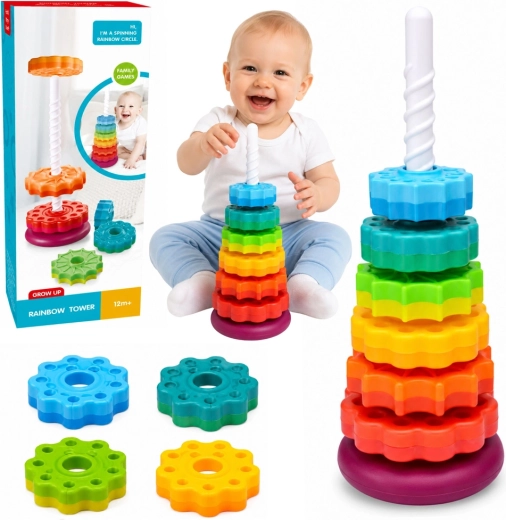 Pöörlev vikerkaarevärviline ladumistorn lastele 36 cm