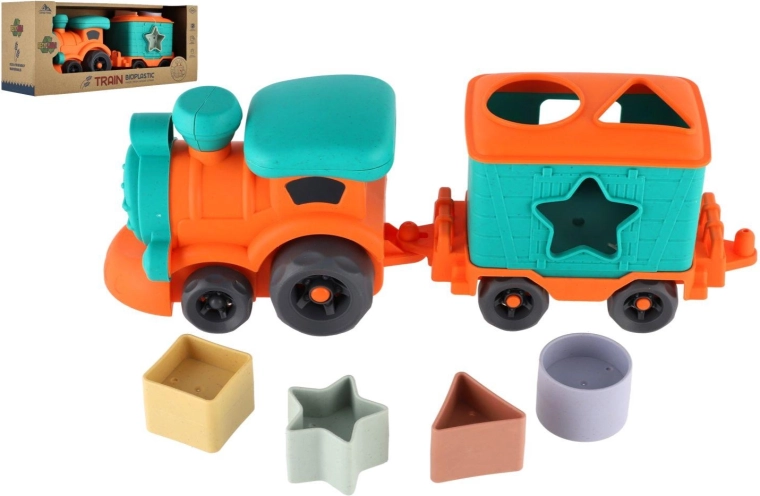 Children's bioplastic train engine with car – shape sorter, freewheel