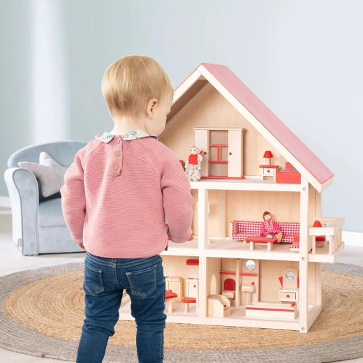 Roba wooden dollhouse with furniture, red/natural