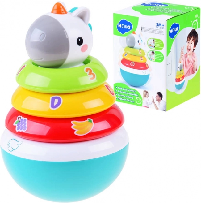 Värviline virnastamismänguasi kõrinaga ja ükssarvikuga