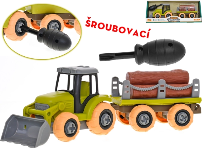 Kruvitav traktor haagise ja palkidega 28 cm