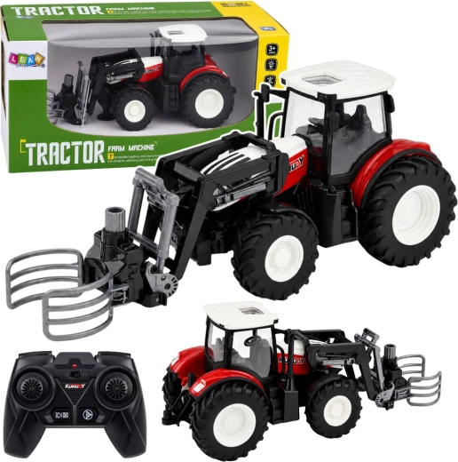 RC Remote-Controlled Farm Tractor with Front Loader and Bale Grapple 1:24, Red