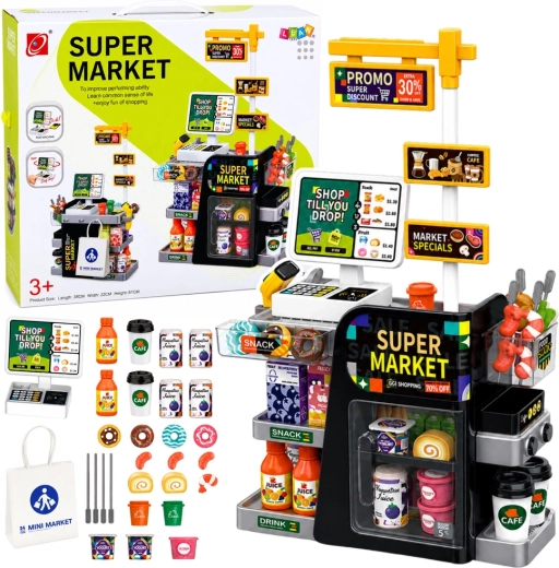 Kids’ supermarket with cash register, scanner and drinks dispenser (65 pieces)
