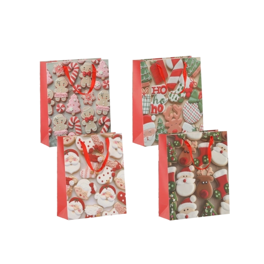 Jõuluteemalised kinkekotid küpsisemotiiviga 18 × 24 × 8 cm, punased paelad, komplekt 12 tk
