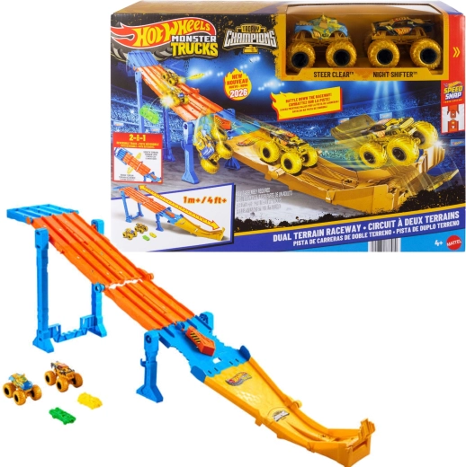 Hot Wheels Monster Trucks 2in1 võidusõiduraja Dual Terrain Raceway + 2 monster trucki