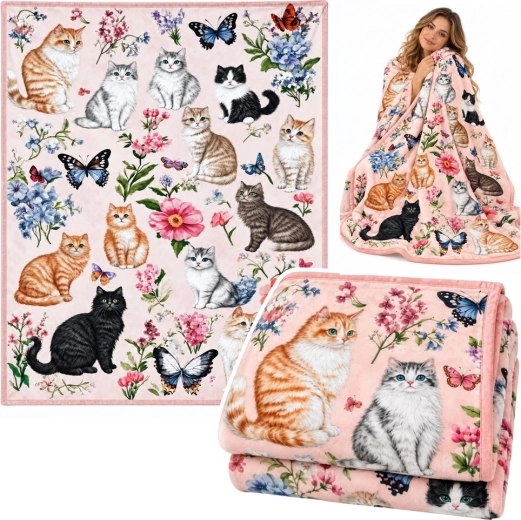 Soft Decorative Blanket with Cats and Flowers 150 × 200 cm