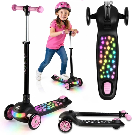 Kids’ three-wheel balance scooter with LED lighting Ricokids Glowi – black‑pink