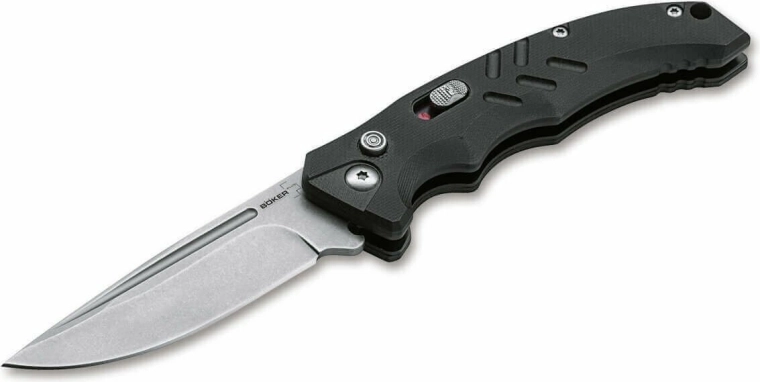 Böker Plus Intention II Black automaatne taktikaline nuga 8 cm stonewash-viimistlusega ja G10 käepidemega