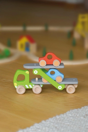 Puidust autoveok koos kallutatava rambiga ja 2 autoga – 1 tk