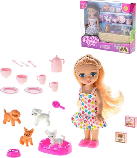 Play set with 16 cm doll, dogs and tableware - 1 piece
