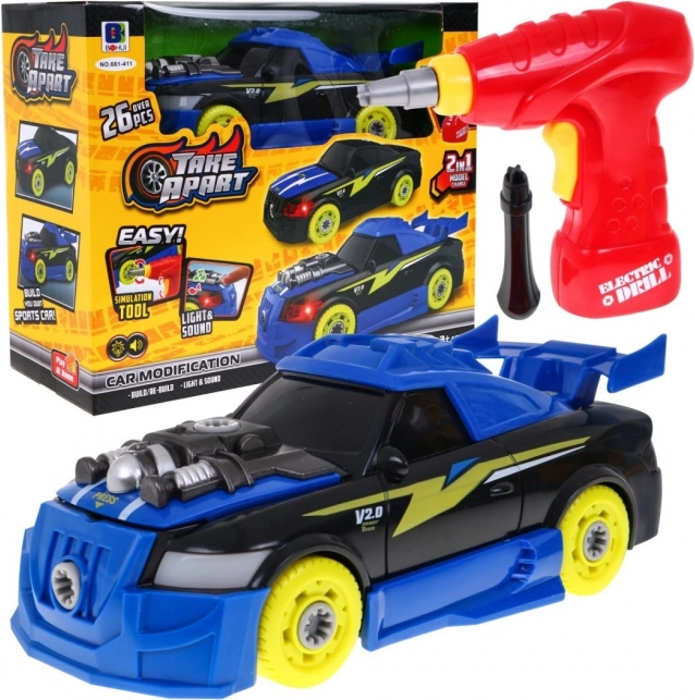 Kokkupandav sportauto 2 ühes lastele alates 3. eluaastast koos elektrilise puuri, kruvikeeraja, tulede ja helidega