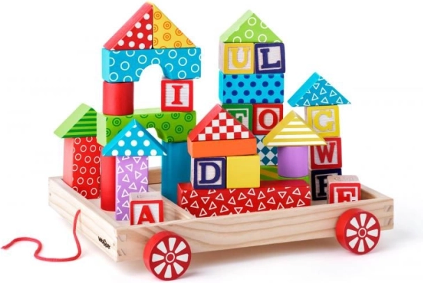 Wooden cart with blocks, 35 pieces