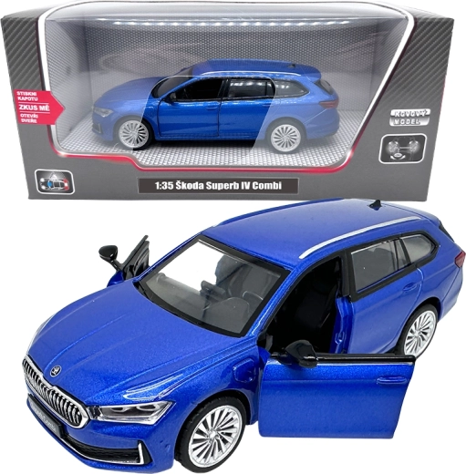 Metallist mudel Škoda Superb IV Combi 1:35 sinine tulede ja helidega