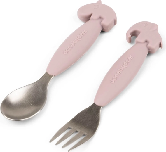 Done by Deer children's spoon and fork set Easy-grip Deer friends pink