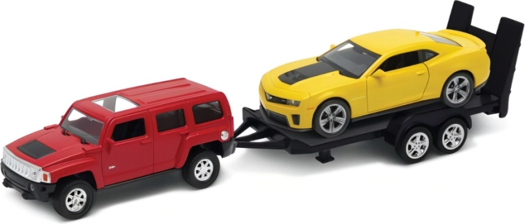 Welly autotreiler Hummer H3 haagise ja Chevrolet Camaro ZL1-ga 1:34