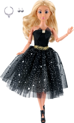 Fashion doll in a short black cocktail dress