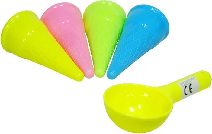 Sand molds ice cream cones with ice cream scoop