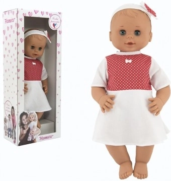 Hamiro nukk, pilgutavate silmadega, 50 cm, tugeva kehaga ja valgete kleitidega punaste täppidega
